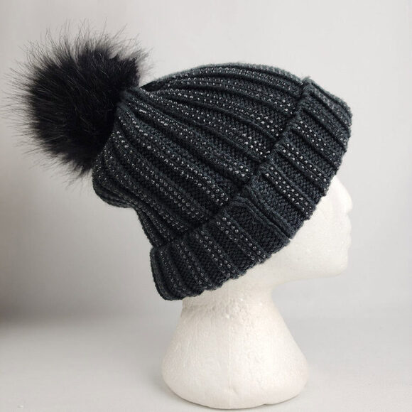 Black Knit Rhinestone Studded Fur Pom Pom Toque - Picture 4 of 8